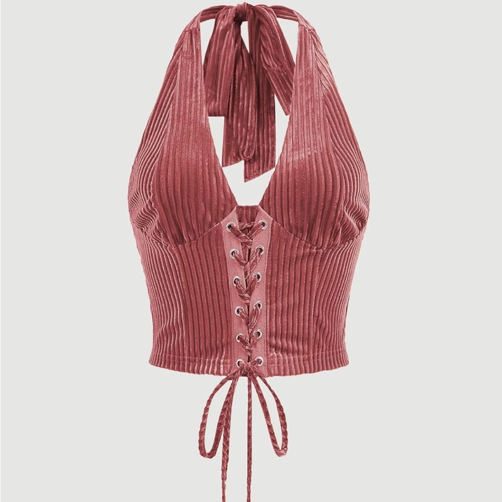 Velvet Lace-Up Halter Top in Pink